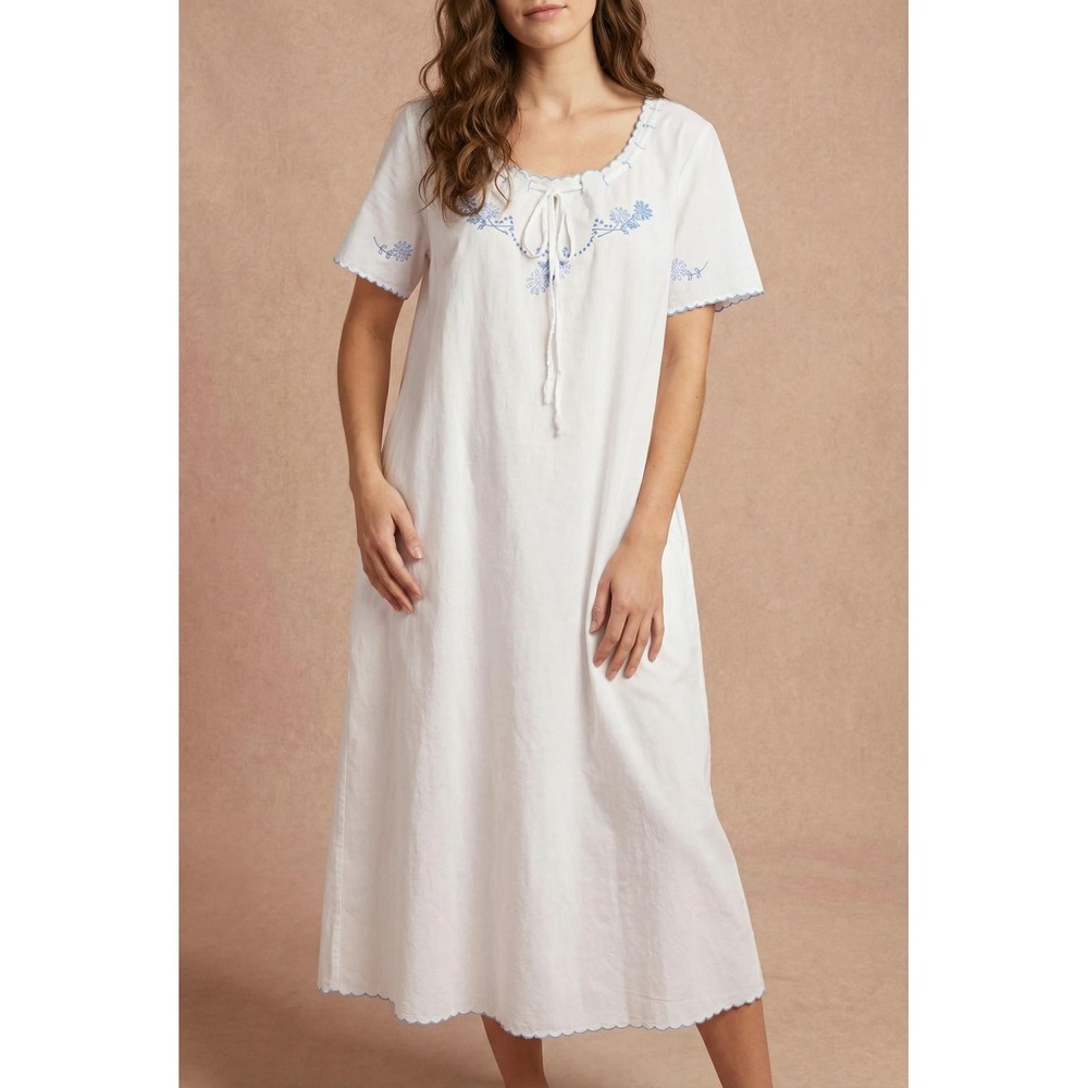 April Cornell Deirdre Embroidered Midi Nightgown w/Pockets White XXS Cottage